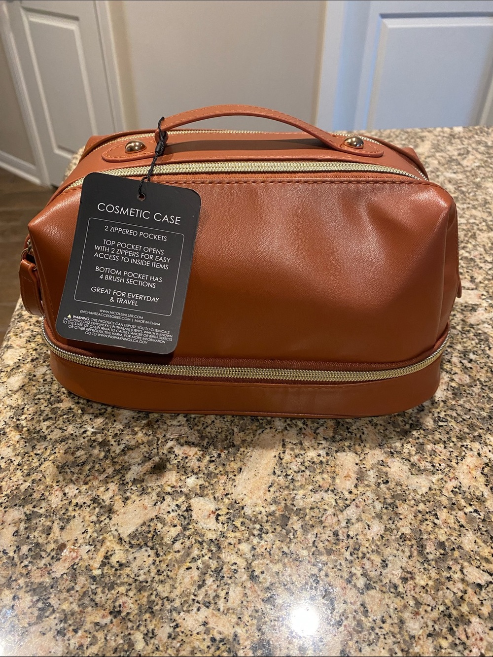 Leather-Look Cosmetic Case in Cognac Brown with Top Handle